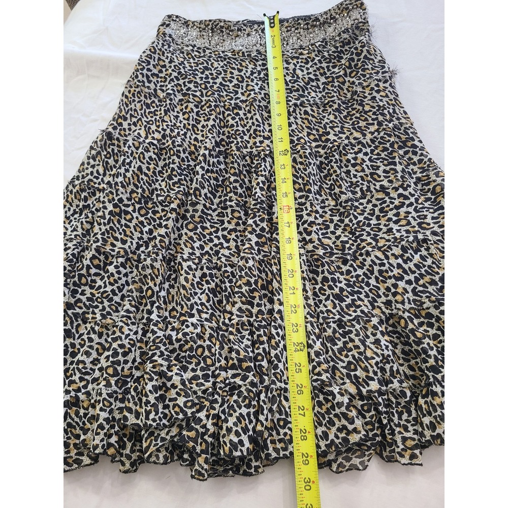 Dimri Leopard Print Midi Skirt Women L Brown Good Beaded Tiered Ruffle Y2K Glam - Picture 6 of 8